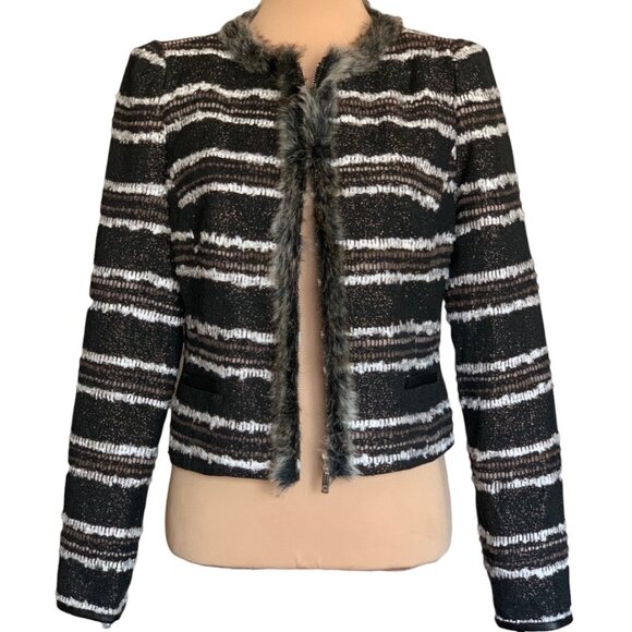 NWT Stella & Jamie Fur Trim Tweed Blazer Sz L Black White Striped Career Office - Picture 3 of 15